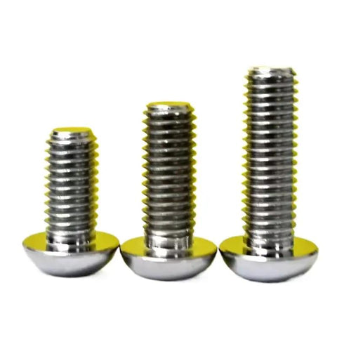 Top Shelf Grade 5 Titanium Button Head Hex Socket Cap Screw M4 X 15mm ISO 7380 Standard in three sizes, showing durable construction.
