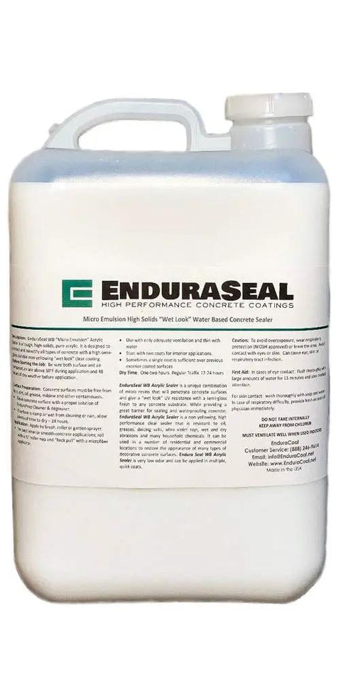 5 Gallon Water Based Acrylic Wet Look Sealer in a jug, clear label detailing product specifications for driveways and garages.