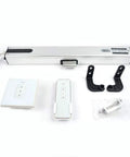 Automatic Electric Window Opener Motor Actuator with remote control, mounting brackets, and accessories, stainless steel.