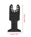 Close-up of a 44mm high-carbon oscillating saw blade with digital depth scale, part of a 15 piece multitool set for precise cuts.