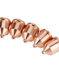 Premium 5 Pack Plasma Cutter Nozzles For High Performance Cutting Torch Tips With Superior Heat Resistance And Durable Copper Construction Perfect For Thick Metal Sheets Like Carbon Steel Stainless Steel Aluminum On 60A 120931 Models, showcasing five copper nozzle tips in a row.