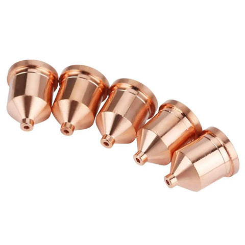 Premium 5 Pack Plasma Cutter Nozzles For High Performance Cutting Torch Tips With Superior Heat Resistance And Durable Copper Construction Perfect For Thick Metal Sheets Like Carbon Steel Stainless Steel Aluminum On 60A 120931 Models, showcasing five copper nozzle tips in a row.