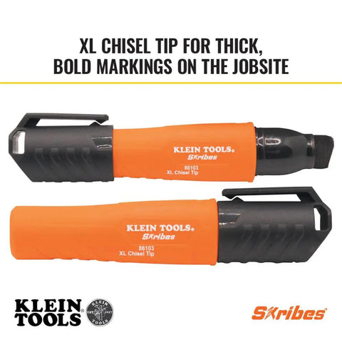 XL Chisel Tip Permanent Marker For Multi Surface Jobsite Use Black Ink That Writes On Wet Oily And Dry Surfaces With Industrial Grade Performance And A Clog Resistant Tip Skribes XL Marker in orange with chisel tip.