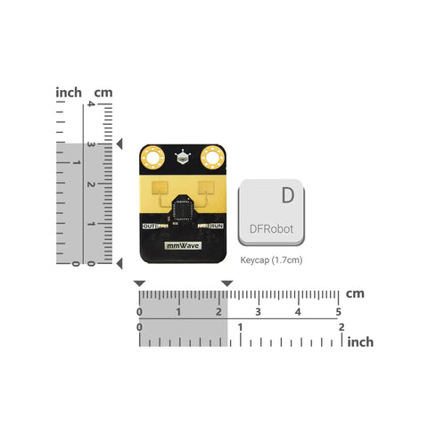 MmWave Presence Sensor C4001 module with size comparison, showing dimensions in centimeters and inches next to a keycap.