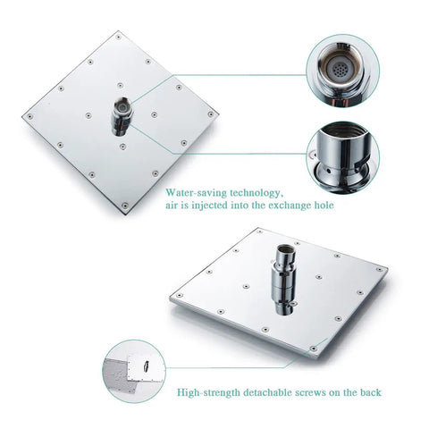 10 Inch Chrome Shower System With Rain Shower Head And High Pressure Handheld Wall Mounted Faucet Rough In Valve Kit Included Rust Free H59 Brass Core Easy Install Water Saving Performance For Modern Bathrooms Upgrade Your Home Spa in close-up showing water-saving technology and detachable screws.