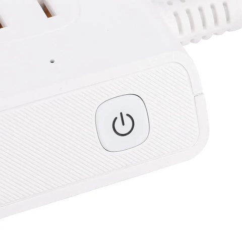Close-up of power button on Totally Smooth Smart Power Strip With Four Wall Outlets And Four USB Charging Ports.