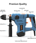Beast Mode Heavy Duty Rotary Hammer Drill 12.5 Amp With One And A Quarter Inch SDS Plus 3 Modes Vibration Damping Blue