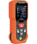 Green Laser Distance Measure Tool with 200 foot range, USB rechargeable, Class 2 laser, displaying measurements on screen.