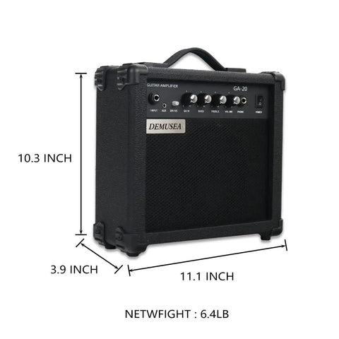 Portable 20W Electric Guitar Amp For Beginners With Headphone Output And Aux In, Distortion, Treble, Bass, Volume Controls, Black