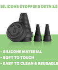 Cleaning Plugs Pro Set With Silicone Stoppers And Cleaning Container For Glassware Pipes And Accessories Universal Leak Proof Reusable Caps For Male And Female Openings Black displayed on a green background.