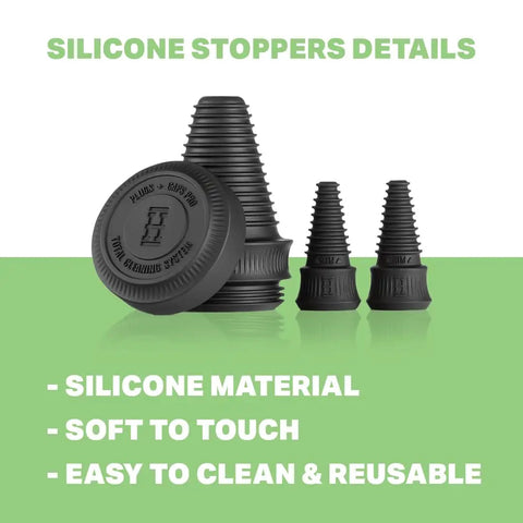 Cleaning Plugs Pro Set With Silicone Stoppers And Cleaning Container For Glassware Pipes And Accessories Universal Leak Proof Reusable Caps For Male And Female Openings Black displayed on a green background.