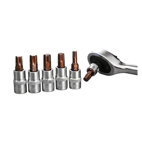 Heavy Duty Torx Screwdriver Bits Set Featuring Tough T15 T20 T25 T30 T40 Sizes With Chrome Coated Chromium Vanadium Steel For Rusted Bolts And Easy Grip Adapter Kit Perfect For Bike Frames And Woodwork DIY Fixes in ratchet wrench
