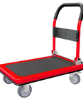 Heavy Duty Rolling Flatbed Cart With Folding Platform Trolley Built Tough For Hauling Heavy Gear Easy Loading And Transport Rust Resistant Steel Wide Load Capacity Ideal For Warehouse Workshop Or Moving Equipment In Red, red steel platform