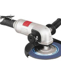7 Inch Right Angle Grinder Featuring Depressed Center Wheel For Quick Weld Stock Rust And Scale Removal Plus Heavy Deburring Side Exhaust 6000 Rpm Made In Usa Badass Workhorse close-up showing the grinding wheel and handle