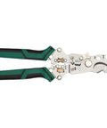 Sweet Heavy Duty Portable Folding Wire Stripper For Contractors And Diy Crews Featuring Rugged Go Anywhere Build With Quick Grip Handles For Stripping Plastic And Metal Cables No Sweat, with green and black rubber grips.