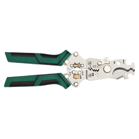 Sweet Heavy Duty Portable Folding Wire Stripper For Contractors And Diy Crews Featuring Rugged Go Anywhere Build With Quick Grip Handles For Stripping Plastic And Metal Cables No Sweat, with green and black rubber grips.