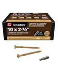 Rock Solid Exterior Wood Screws For Decks And Fences Featuring Nano Coated Corrosion Shield Built Like A Tank For Pressure Treated Lumber With An Easy Install Autopilot Tip In Natural Tan Color Per Single Pound Box with screws and packaging.