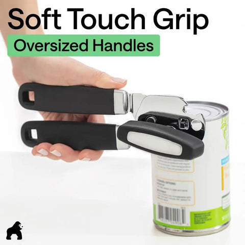 Heavy Duty Stainless Steel Smooth Edge Manual Can Opener And Bottle Opener With Oversized Handheld Turn Knob Soft Comfortable Handle Multifunction Kitchen Tool Us Designed Black in use on a can