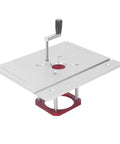 Top Shelf Aluminum Router Lifter With Flip Board for Precision Woodworking with red base and fine adjustment lever.