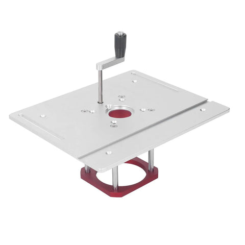 Top Shelf Aluminum Router Lifter With Flip Board for Precision Woodworking with red base and fine adjustment lever.