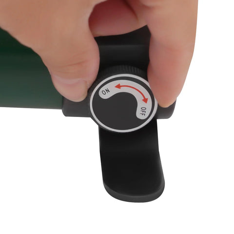 Close-up of AGULIUM 20T hydraulic jack control knob on a black handle, ON/OFF dial with red arrow