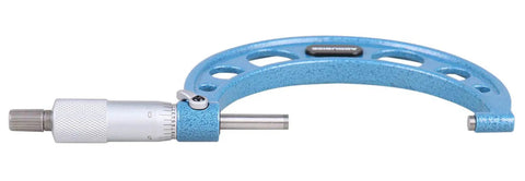 Top Notch Precision Outside Micrometer Three To Four Inch With 0.0001 Inch Resolution, blue frame, side view