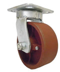 Heavy Duty Swivel Caster With Rugged Ductile Steel Wheel Kingpinless Setup Supports 1500 Pounds side view of brown wheel