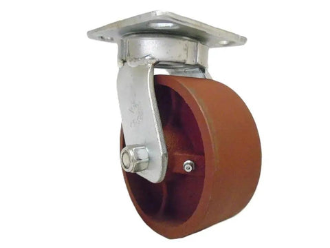 Heavy Duty Swivel Caster With Rugged Ductile Steel Wheel Kingpinless Setup Supports 1500 Pounds side view of brown wheel