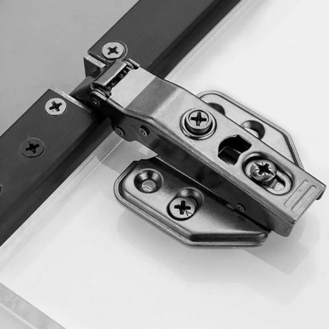 Soft Close Cabinet Hinges Set For Half Overlay Frameless Cabinets, slick stainless steel hinge in focus, mounted on cabinet