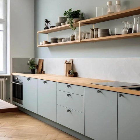 Modern kitchen with cabinets using Round Matte Black Knobs And Knurled Single Hole Pulls, 25 Pack, Solid Metal Cabinet Hardware For Drawers And Doors.