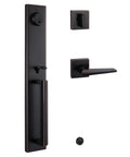 Oil Rubbed Bronze Front Door Handleset With Knob And Reversible Entrance Handle For Right Or Left Handed Doors Single Cylinder Deadbolt Movable Hole Position To Fit US Standard Doors Easy Install shown in parts