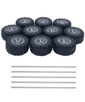 10 Piece Toy Wheel Set With Real Rubber Tires And Metal Shafts For RC Cars Trucks Robots Drones Helicopters And DIY Model Projects Black Includes 33mm Diameter Wheels 2mm Shaft Holes And 100mm Shafts. Set of 10 black wheels and 5 metal shafts.