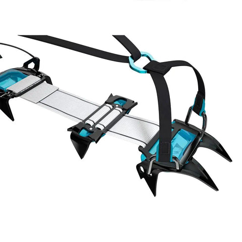 Close-up of Harfang Enduro Crampons for Ski Touring and Mountaineering with TPU Active ABS, chromoly rails, and straps