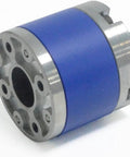 Close-up of Beefy Torque 550 DC Planetary Gearbox with all metal gears, blue 36mm housing, and 8mm shaft viewed from side angle