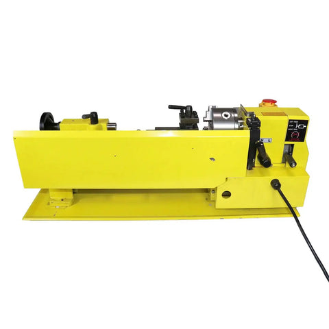 Heavy Duty 7 X 14 Precision Benchtop Mini Milling Lathe With Smooth Variable Speed Up To 2500 RPM And Digital Readout Plus Five Piece Carbide Cutter Kit, yellow machine viewed side.
