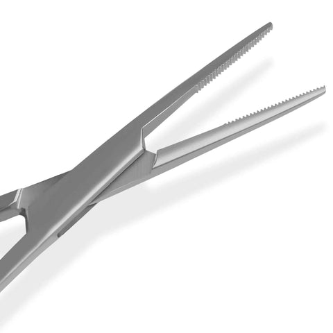 Close-up of 5-inch stainless steel fishing forceps with serrated jaws from Two Pack 5 Inch Stainless Steel Fishing Forceps Set With Curved And Straight Hemostats, Serrated Jaws, Locking Mechanism, Lightweight Pro Grade Build For Angling And Tackle Enthusiasts.