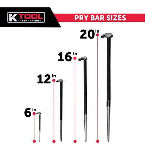 Different sizes of Beefy Heat Treated Pry Bars With High Leverage Rolling Head Design for shop use, shown in 6, 12, 16, and 20 inches.