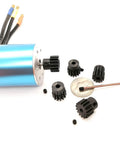 Hardened Pinion Gear Set For RC Cars 32P 0.8M Pitch With One Eighth Inch Hole And Hex Key 12T 13T 14T 15T 16T displayed with tools