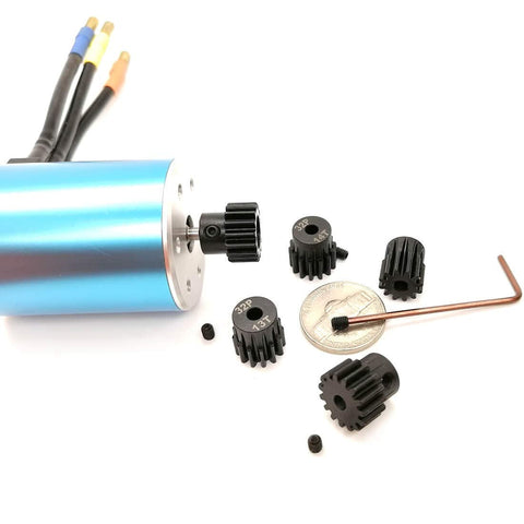 Hardened Pinion Gear Set For RC Cars 32P 0.8M Pitch With One Eighth Inch Hole And Hex Key 12T 13T 14T 15T 16T displayed with tools