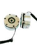 EFZRZYJ micro galvanic electromagnetic brake, front view: two silver housing units with black centers, wired.