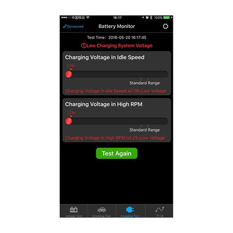 Heavy Duty Wireless Battery Monitor Smart Tester With Bluetooth screen showing low voltage status for idle and high RPM.