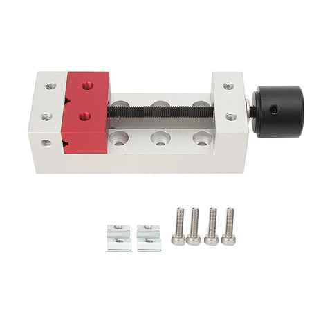 Heavy Duty Mini Aluminum Bench Vise Clamp For Drill Press Workstation with red and silver jaws, accessories included.