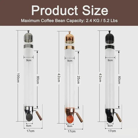Wall Mounted Coffee Bean Dispenser With Heavy Duty Gold Airtight Storage Container, three sizes detailed with measurements.