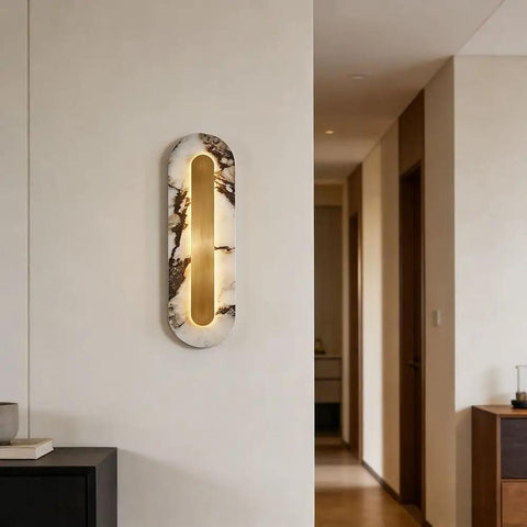 Modern Minimalist Long Marble Wall Sconce Nordic Alabaster Wall Mount Light Fixture Interior Hardwired Bedside Decor Wall Lamp for Living Room Bedroom Background on wall