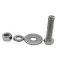Stainless steel 3/8-16x1-1/4 hex bolt set with nut, flat washer and lock washer, front view