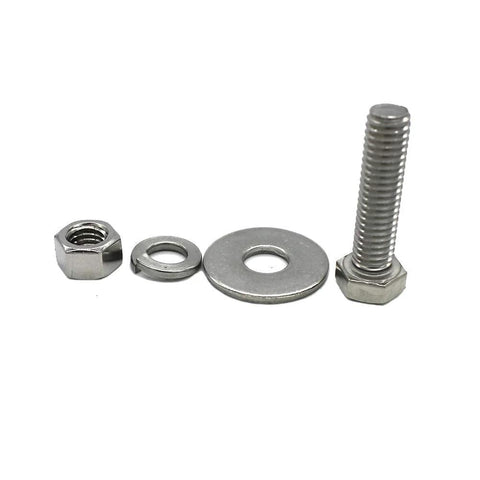 Stainless steel 3/8-16x1-1/4 hex bolt set with nut, flat washer and lock washer, front view