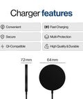 Dope Wireless Charger Pad 15W For iPhone AirPods And Android Devices MagSafe Compatible charger dimensions and features displayed