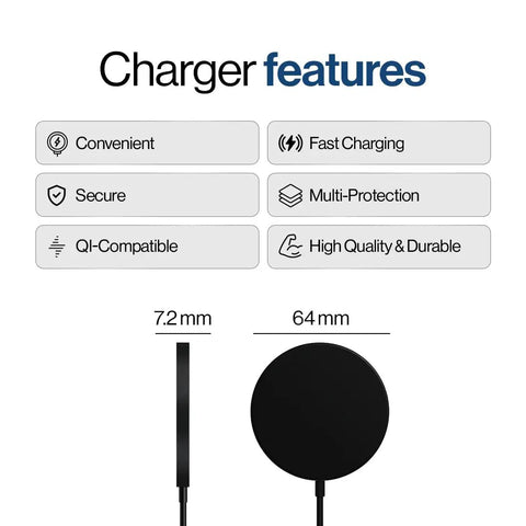 Dope Wireless Charger Pad 15W For iPhone AirPods And Android Devices MagSafe Compatible charger dimensions and features displayed