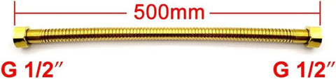 Heavy Hitter Gold Toilet Hose For Bathroom Fixtures With One Half Inch Angle Valve Connector Drip Free No Sweat Install Premium Stainless Steel Plumbing Supply 19 7 Inches Long showing 500mm length and G 1/2" connectors.