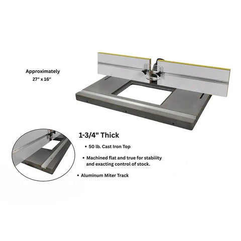 Pro Grade Cast Iron Router Table Extension With Tough As Nails Phenolic Plate And Precision Fence For A Killer Table Saw Conversion That Flows Like Butter In Your Shop, 27x16 in cast iron top and aluminum miter track.